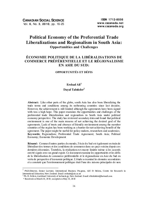(PDF) Political Economy of the Preferential Trade Liberalizations and ...