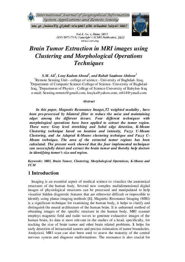 (PDF) Brain Tumor Extraction in MRI images using Clustering and ...