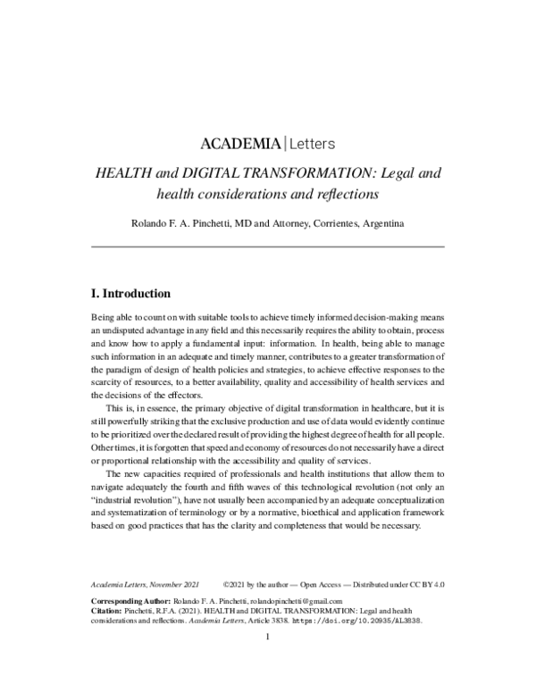 (PDF) HEALTH and DIGITAL TRANSFORMATION: Legal and health ...
