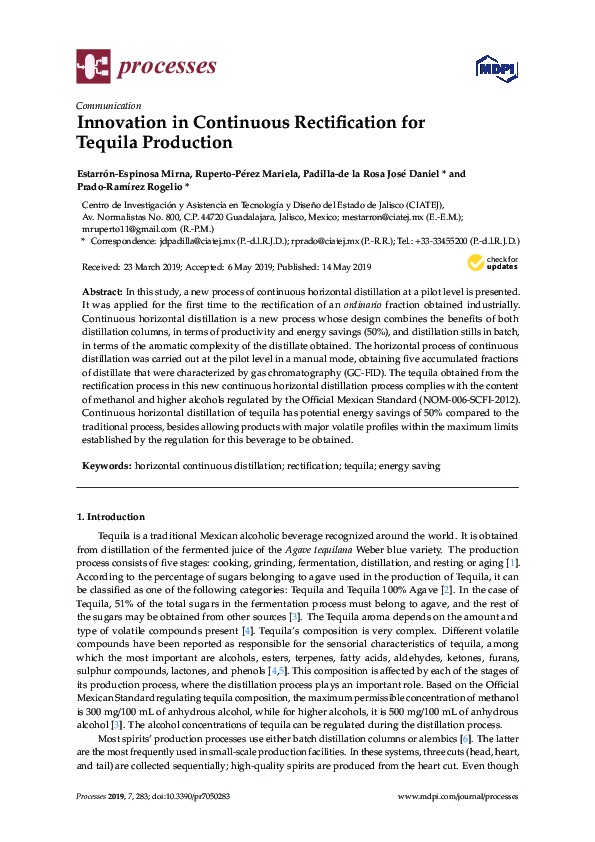 Pdf Innovation In Continuous Rectification For Tequila Production