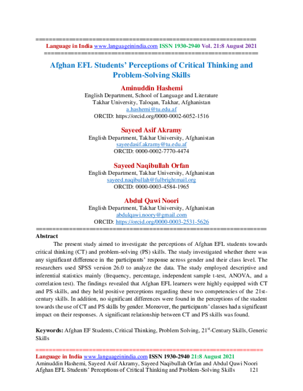 (PDF) Afghan EFL Students' Perceptions of Critical Thinking and Problem ...