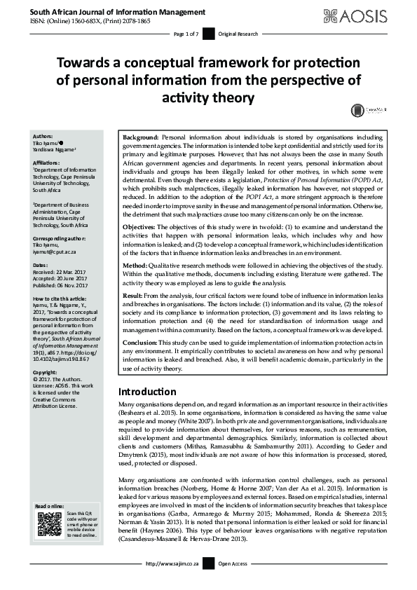 (PDF) Towards a conceptual framework for protection of personal ...