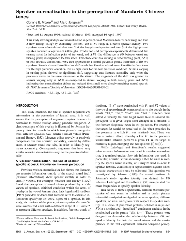 (PDF) Speaker Normalization In the Perception of Mandarin Chinese Tones