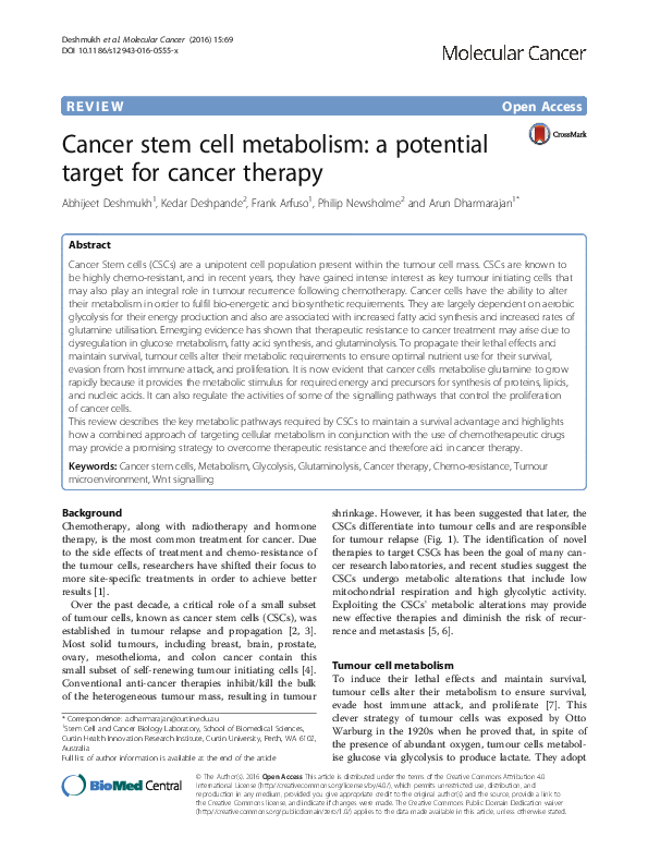 (PDF) Cancer stem cell metabolism: a potential target for cancer therapy
