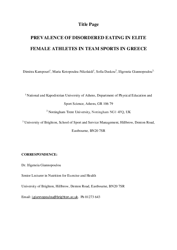 (PDF) Prevalence of disordered eating in elite female athletes in team ...