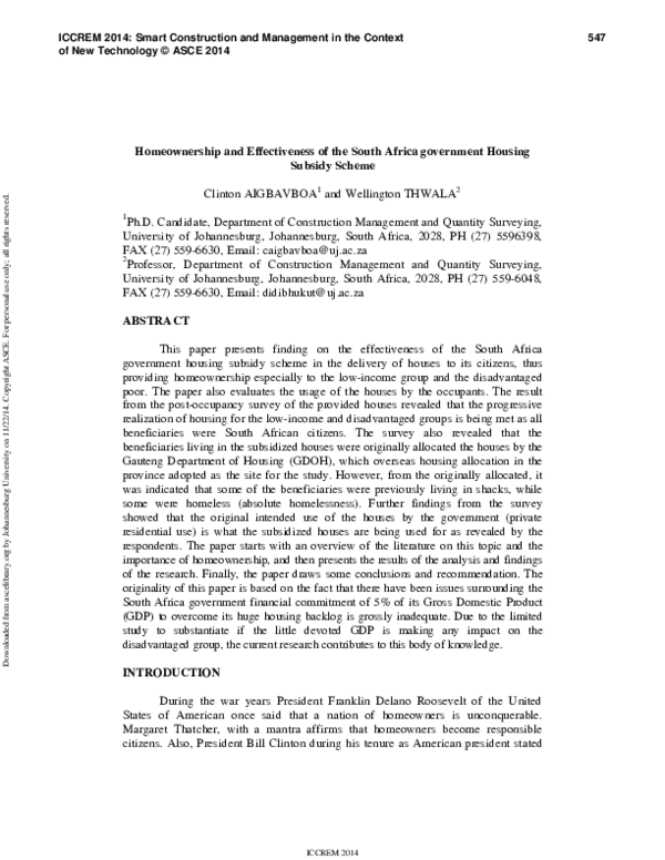 (PDF) Homeownership and Effectiveness of the South Africa Government