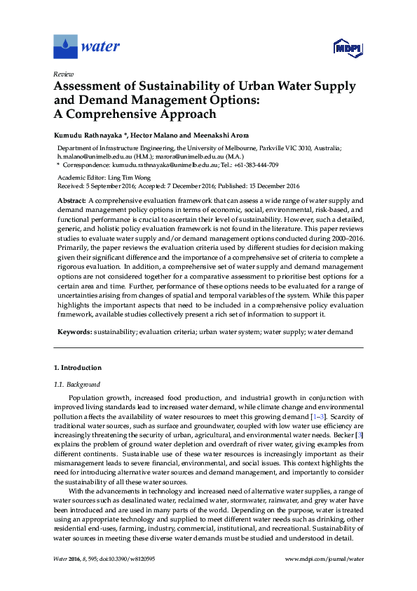 (PDF) Assessment of Sustainability of Urban Water Supply and Demand ...