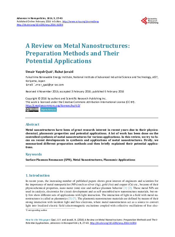 (PDF) A Review on Metal Nanostructures: Preparation Methods and Their ...