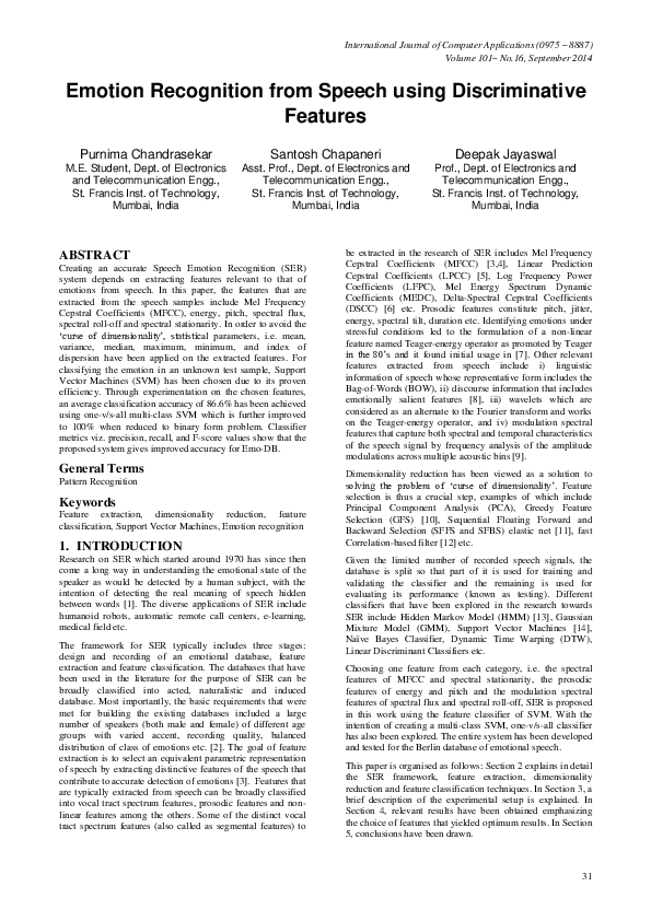(PDF) Emotion Recognition from Speech using Discriminative Features