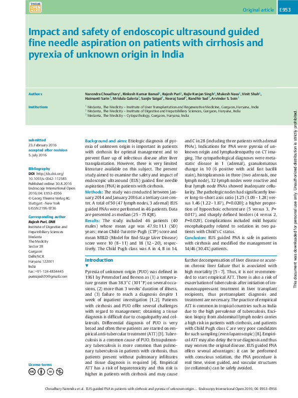 (PDF) Impact and safety of endoscopic ultrasound guided fine needle ...