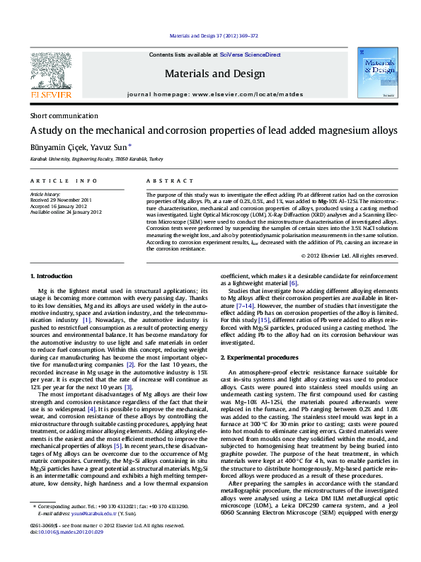 (PDF) A study on the mechanical and corrosion properties of lead added ...