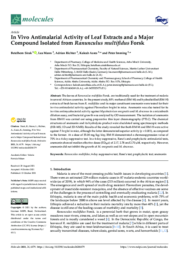 (PDF) In Vivo Antimalarial Activity of Leaf Extracts and a Major ...