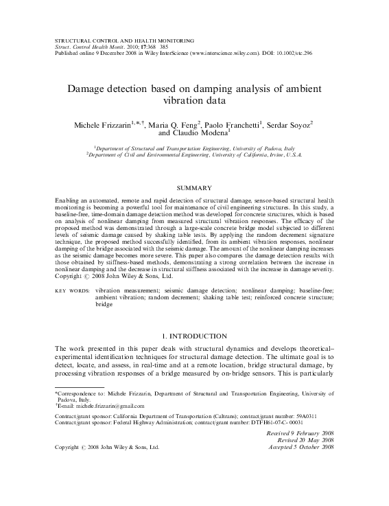 (PDF) Damage detection based on damping analysis of ambient vibration data