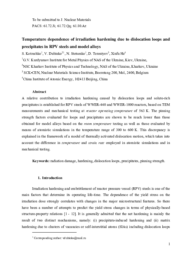 (PDF) Temperature dependence of irradiation hardening due to ...