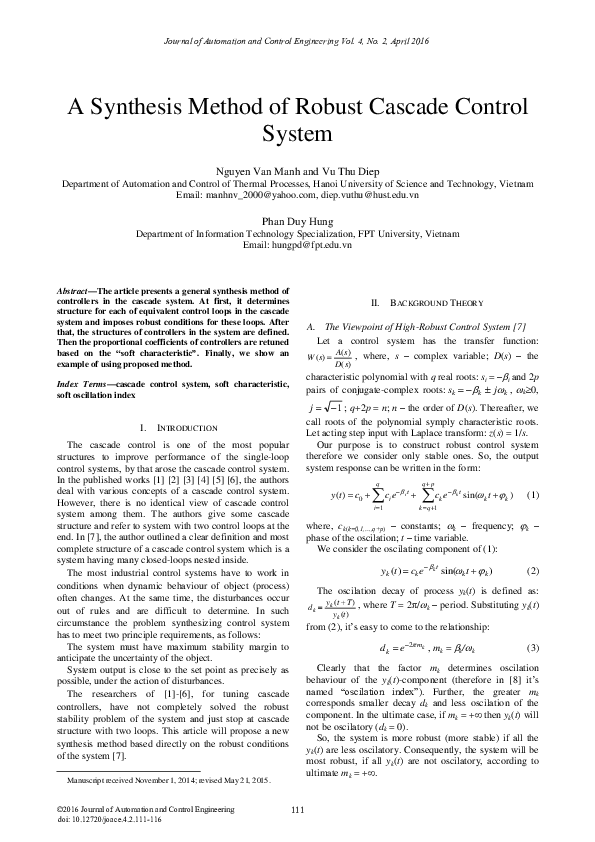 (PDF) A Synthesis Method of Robust Cascade Control System
