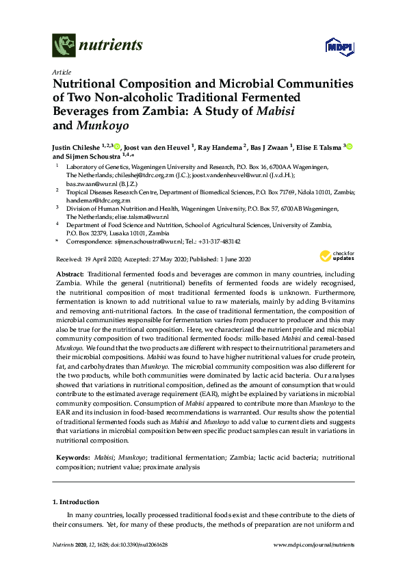 (PDF) Nutritional and Microbial Analysis of Mabisi and Munkoyo