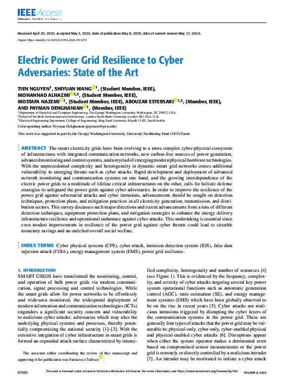 (PDF) Electric Power Grid Resilience to Cyber Adversaries: State of the Art