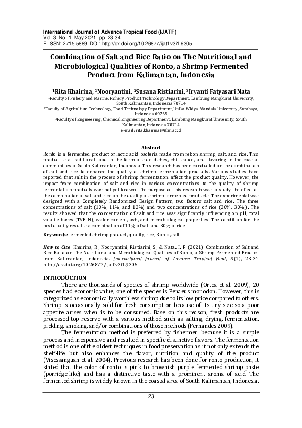 (PDF) Combination of Salt and Rice Ratio on The Nutritional and
