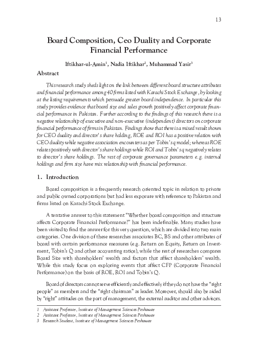 (PDF) Board Composition, CEO Duality and Corporate Financial Performance