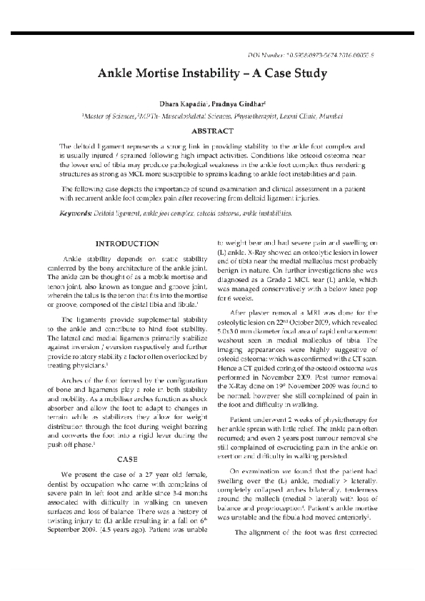 (PDF) Ankle Mortise InstabilityA Case Study Pradnya Girdhar