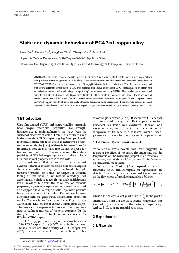 (PDF) Static and dynamic behaviour of ECAPed copper alloy
