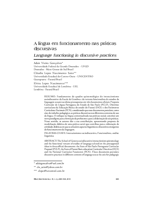 (PDF) Language functioning in discursive practices