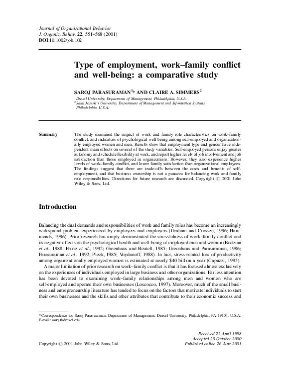 (PDF) Type of employment, work family conflict and well‐being: a ...