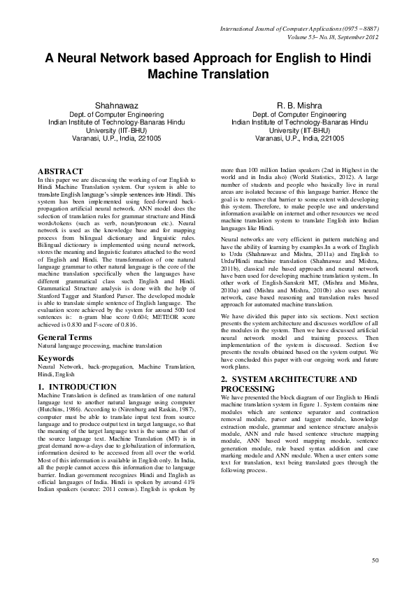(PDF) A Neural Network based Approach for English to Hindi Machine ...