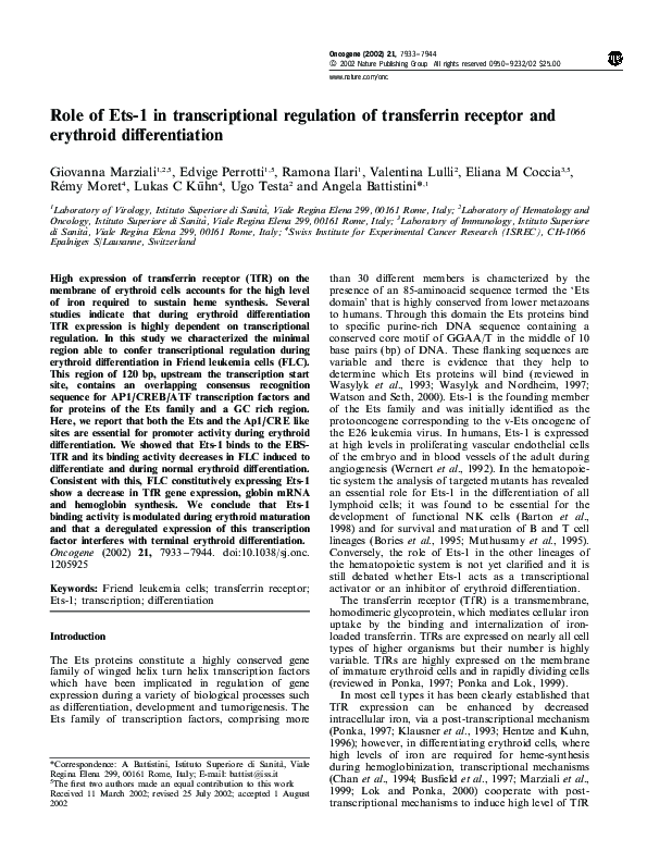 (PDF) Role of Ets-1 in transcriptional regulation of transferrin ...