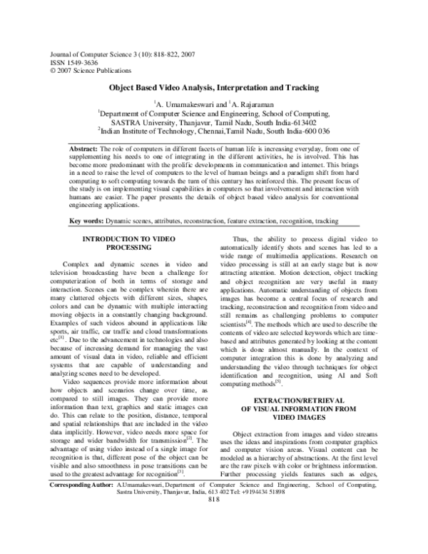 (PDF) Object Based Video Analysis, Interpretation and Tracking