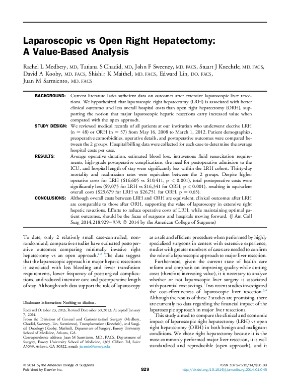 (PDF) Laparoscopic vs Open Right Hepatectomy: A Value-Based Analysis