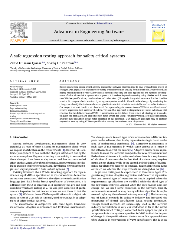 (PDF) A safe regression testing approach for safety critical systems