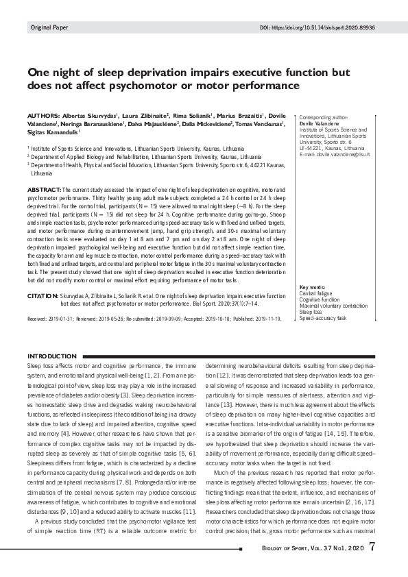 (PDF) One night of sleep deprivation impairs executive function but ...