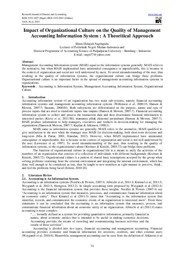 (PDF) Impact of Organizational Culture on the Quality of Management ...