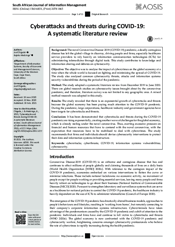 (PDF) Cyberattacks and threats during COVID-19: A systematic literature ...