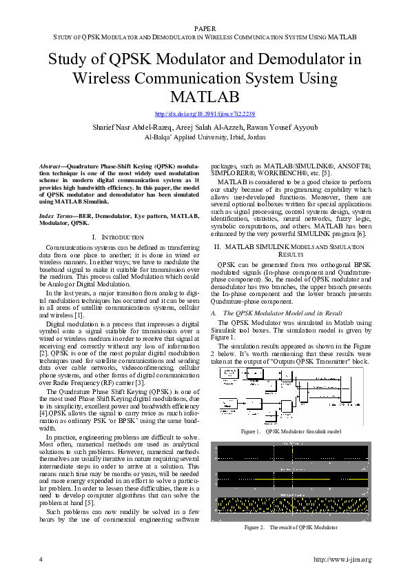 (PDF) Study of QPSK Modulator and Demodulator in Wireless Communication System Using MATLAB