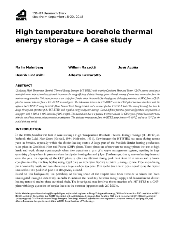 (PDF) High temperature borehole thermal energy storage - A case study