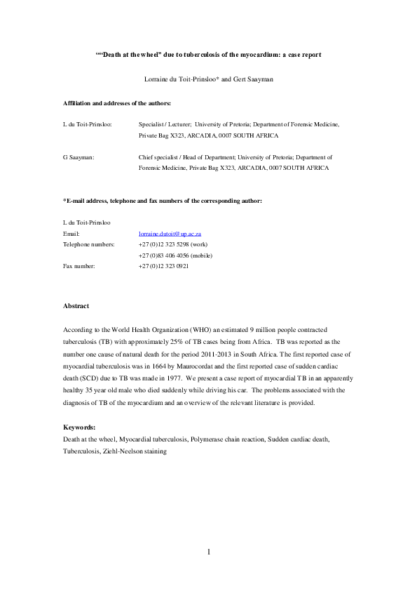 (PDF) “Death at the Wheel” Due to Tuberculosis of the Myocardium A Case Report Lorraine du