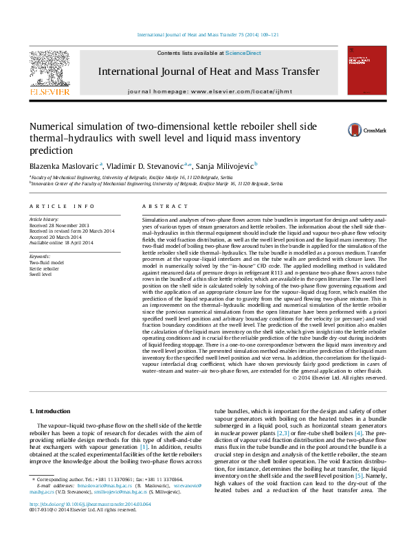 (PDF) Numerical simulation of twodimensional kettle reboiler shell side thermalhydraulics with
