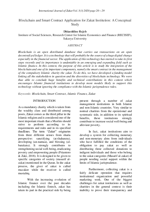 (PDF) Blockchain and Smart Contract Application for Zakat Institution
