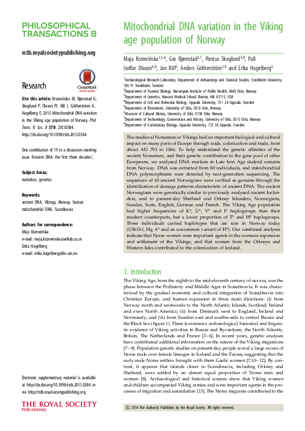 Mitochondrial DNA variation in the Viking age population of Norway