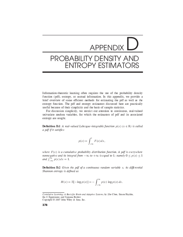 (PDF) Appendix D: Probability Density and Entropy Estimators