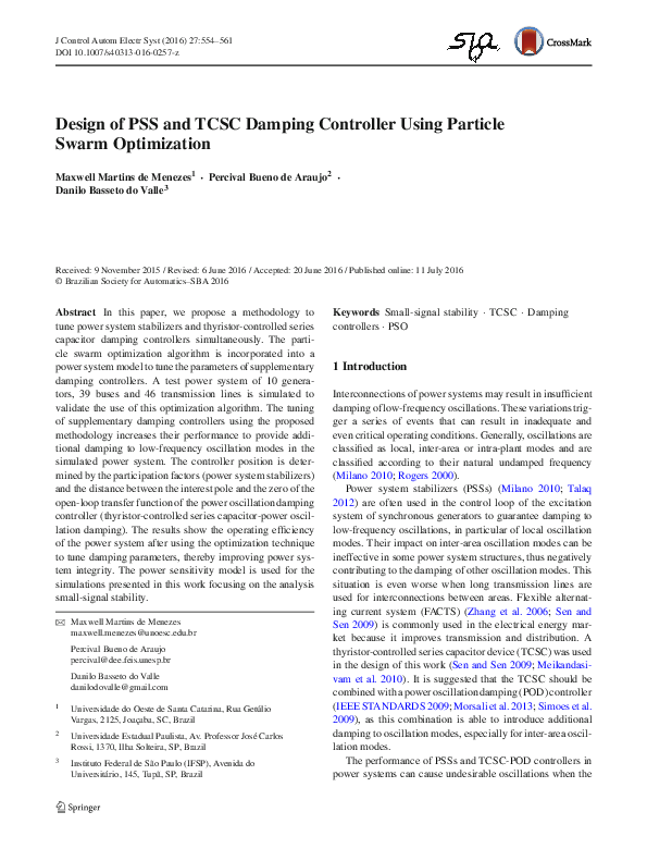 (PDF) Design of PSS and TCSC Damping Controller Using Particle Swarm ...