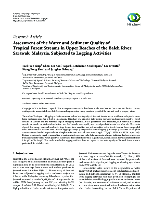(PDF) Assessment of the Water and Sediment Quality of Tropical Forest ...