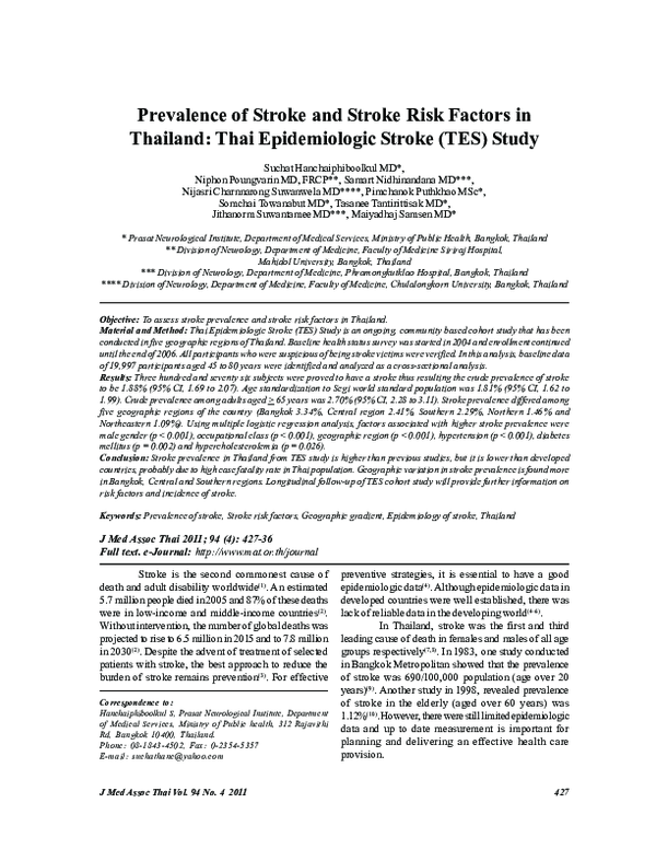 (PDF) Prevalence of Stroke and Stroke Risk Factors in Thailand: Thai ...