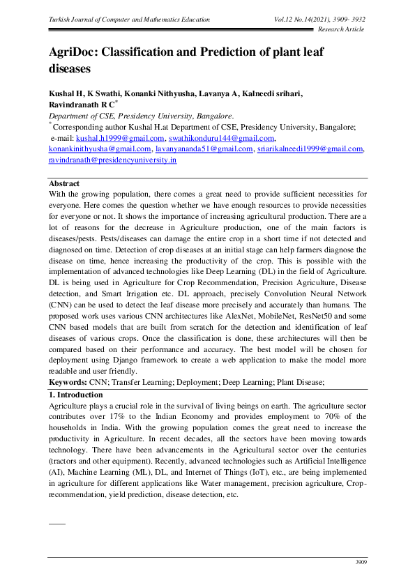 (PDF) AgriDoc: Classification and Prediction of plant leaf diseases