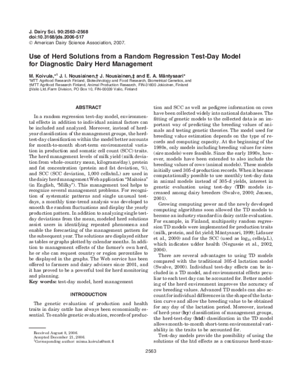 (PDF) Use of Herd Solutions from a Random Regression Test-Day Model for ...
