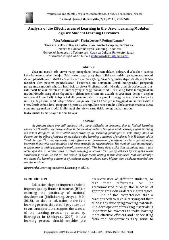 (PDF) Analysis of the Effectiveness of Learning in the Use of Learning ...