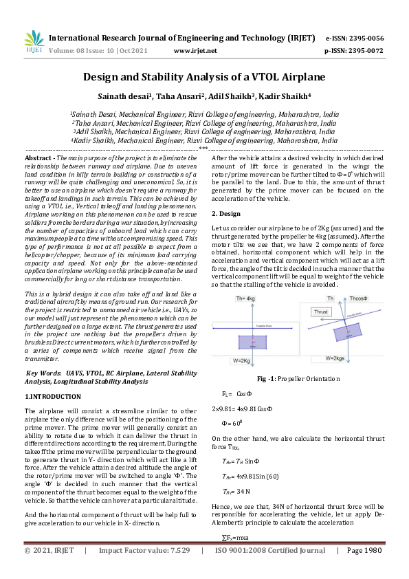(PDF) IRJET- Design and Stability Analysis of a VTOL Airplane