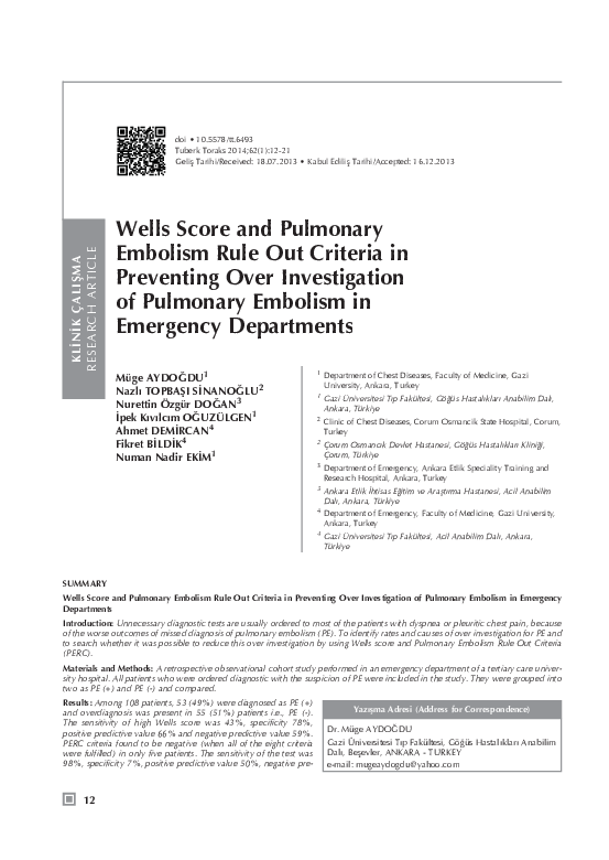 (PDF) Wells score and Pulmonary Embolism Rule Out Criteria in ...